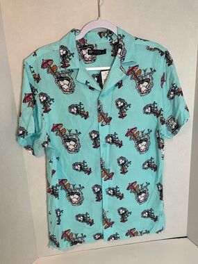 RF Brand Mens Teal Blue Collared Skeleton Cocktail On Rocks Button Up Shirt S